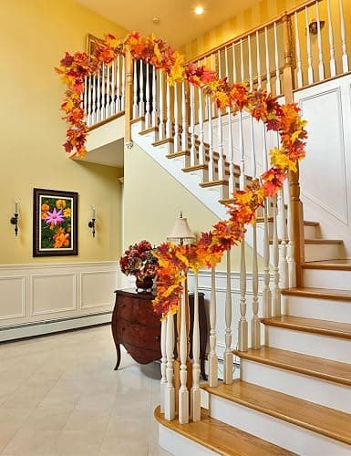 wohohoho 2 Packs Fall Garland Maple Leaf, 5.9Ft/Pieces Fall Leaves Garland 7 Maple Leaves Hanging Vines for Autumn Decor Halloween Thanksgiving Christmas Indoor Outdoor Decorations | Artificial Fall Leaves Garland with Hooks, Autumn Thanksgiving Halloween Decor for Mantle Fireplace Door Indoor Outdoor thumbnail 2