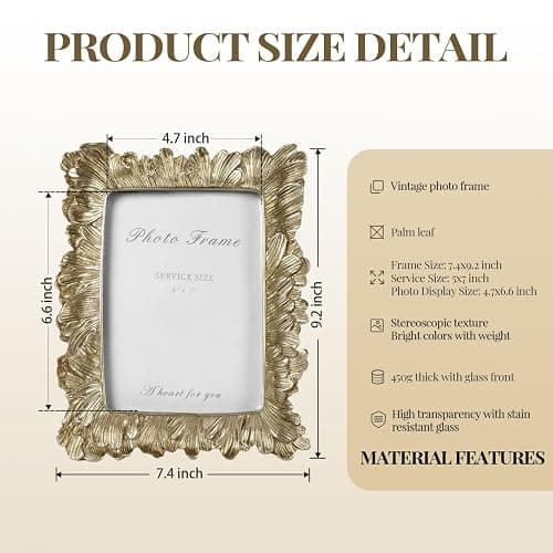 Cuspin 5x7 Picture Frame Gold Frames, Vintage Ornate Palm Leaves Textured Hand-Crafted Resin Frame with Glass Front, Elegant Retro Photo Frame for Wall and Tabletop Display Home Decor thumbnail 3