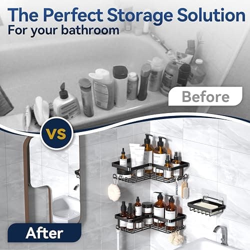 YASONIC Corner Adhesive Shower Caddy, with Soap Holder and 12 Hooks, Rustproof Stainless Steel Bathroom Organizer, No Drilling Wall Mounted Rack, Black, 3-Pack thumbnail 8