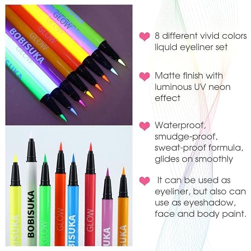BOBISUKA 8 Colors UV Neon Liquid Eyeliner Set, Matte Colored Eyeliners Pen, Colorful Waterproof Smudge-proof Pigmented Graphic Liners, Delineadores de Colores Para Ojos Eye Makeup Gift Kit thumbnail 3