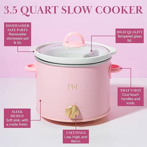 Paris Hilton 3.5-Quart Manual Slow Cooker, Features Three Settings (Low, High, Warm), Naturally Nonstick and Dishwasher Safe Stoneware Insert, Family Sized Capacity, Pink thumbnail 5