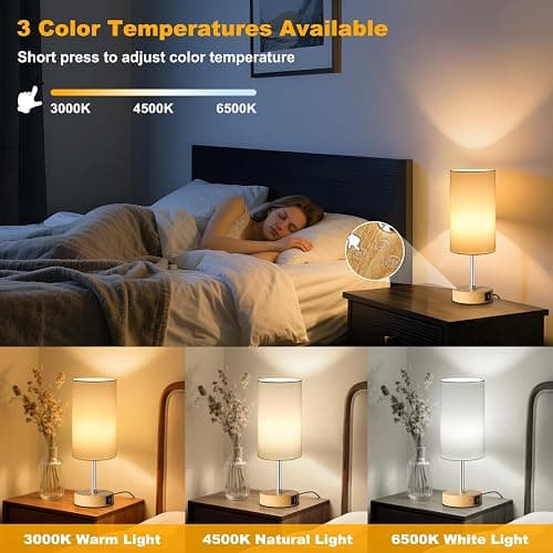 Unicozin Table Lamp with Wood Grain Base, 3 CCT 3000K/4500K/6500K & RGB Color Changing, Stepless Dimmable Small Bedside Lamp for Reading, Ambience Nightstand Light for Home Decor Party, White Shade thumbnail 2