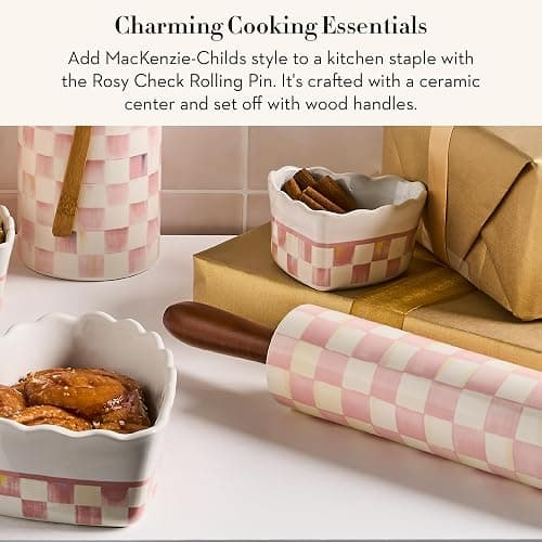 MACKENZIE-CHILDS Rolling Pin, Ceramic Decorative Roller Pin for Baking, Pink-and-White Rosy Check thumbnail 3