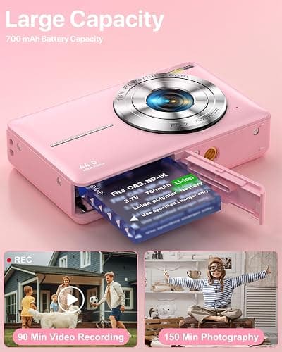 Digital Camera 1080P, 44MP FHD Compact Digital Camera, 16X Digital Zoom Portable Photo Camera with 2.4" LCD Screen, 1 Battery, Vlogging Camera for Kids, Beginners, Teens, Students-Pink (No SD Card) thumbnail 7