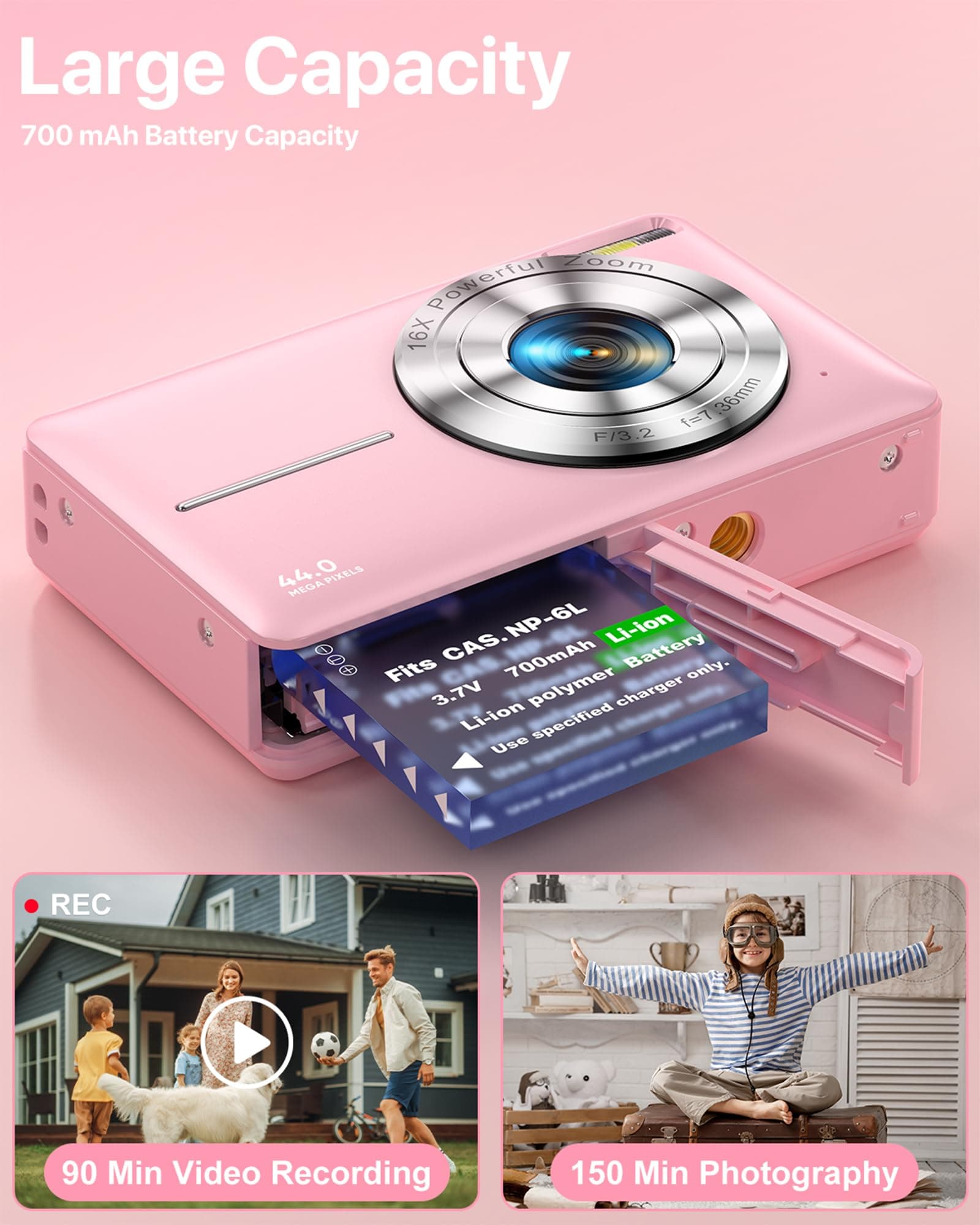 Digital Camera 1080P Photo Camera 44MP Camera Photo Appliance Portable Compact Camera with 2.4" LCD Display, 16 X Digital Zoom, 32G Micro Memory Card, 1 Battery for Kids Teen Student Beginner thumbnail 5