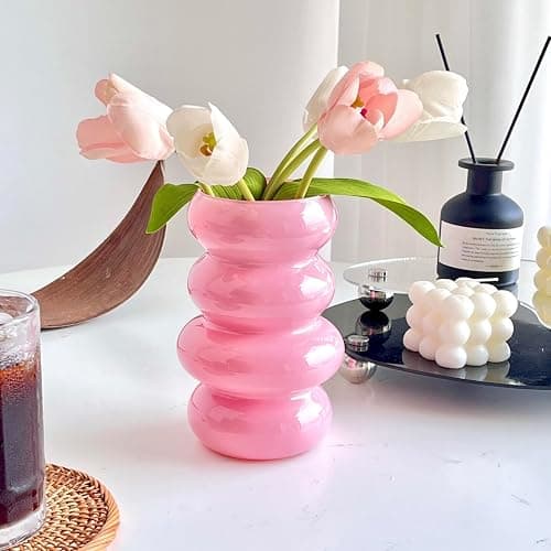 BLOFLO Colored Glass Hydroponic Flower Vase, 7-Inch Pink Glass Vase, Four-Layer Geometric Glass Floral Vase for Home Décor, Modern Bubble Glass Vase for Home Office Wedding Table (Pink) - Image 1