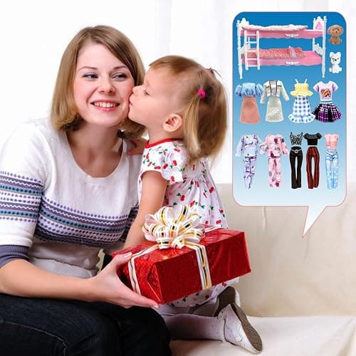 Dolls Clothes and Accessories, Bunk Bed Playset, 2 Pajamas, 2 Fashion Dresses, 2 Clothing Outfits, Bedroome Set for 11.5 inch Dolls, with 2 Blankets thumbnail 2