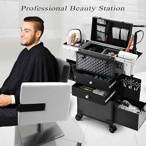 Joligrace Cosmetology Case on Wheels, Rolling Makeup Case for Hairstylists & Makeup Artists， Lockable Professional Make up Case Salon Trolley Cart with Hairdryer Holder for Salon/Barber/Travel, Black thumbnail 5