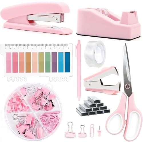 Office Supplies,Pink Desk Accessories,Office Supplies Set,Stapler and Tape Dispenser Set,Scissors,Staple Remover,Binder Clips,Staples,Ballpoint Pen,Index Tabs with Ruler,Clear Tape.9pcs for Office - Image 1