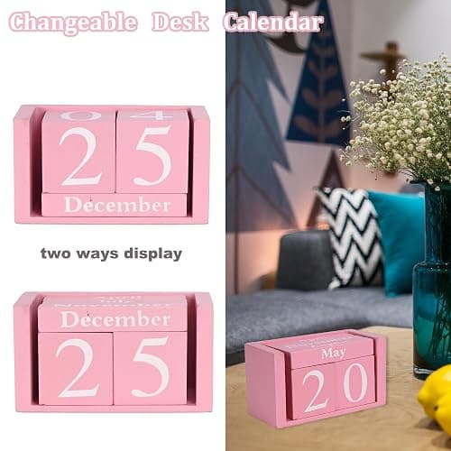 MICKYU Wooden Desk Calendar | Cute Office Desk Accessories Pink Room Decor for Women thumbnail 4