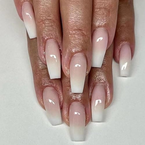 Coffin Press on Nails Medium Fake Nails with Daily Wear Simple Designs Pink & White Gradient Full Cover Glue on Nails Glossy False Nails Press ons for Women 24 Pcs - Image 1
