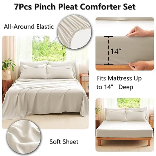 CozyLux Comforter Set Queen Size, Beige 7 Pieces Soft Pinch Pleat Bed in a Bag Queen Comforter Set with Sheets, Boho Bed Set with Down Alternative Comforter, Sheets, Pillowcases & Shams thumbnail 5