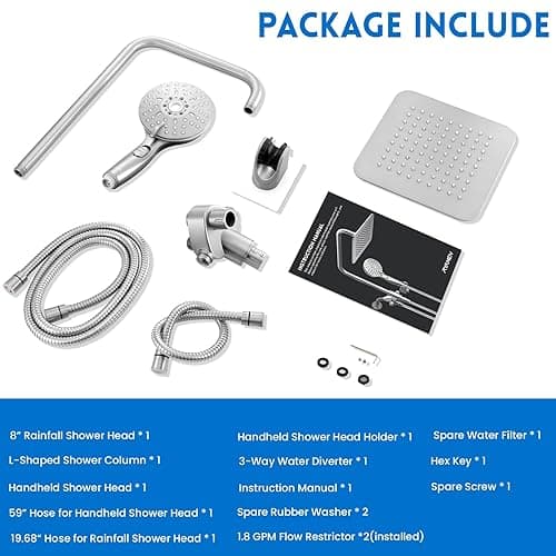 Ryamen Dual Shower Head Combo, 8'' High Pressure Rain/Rainfall Shower Head, 6 Settings Adjustable Handheld Showers, with 15" Height Adjustable Slide Bar, Holder/Hose, Angle Adjustable, Chrome - Bright Silver thumbnail 7