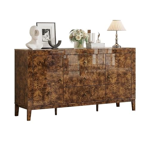 LUXOAK 60'' Burl Wood Buffet Sideboard, High Gloss Storage Cabinet with 3 Drawers & 2 Closed Cabinets, Mid-Century Modern Buffet Table for Dining Room Living Room, Dark Brown Burl thumbnail 7