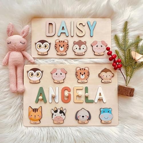 AZUFEMOS Personalized Name Puzzle for Kids, Personalized Baby Gifts Custom Name Puzzles for Toddlers 1-3 Animal Puzzle, Customized 1st Birthday for Girls & Boys Wooden Puzzle Montessor Toys for Kids - Animal Name Puzzle thumbnail 4