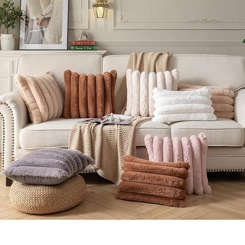 Joyouth Faux Fur Plush Throw Pillow Covers 18x18 Inch Set of 2 - Luxury Decorative Fuzzy Striped Soft Cozy Pillowcase for Couch, Sofa, Living Room - Pink thumbnail 6