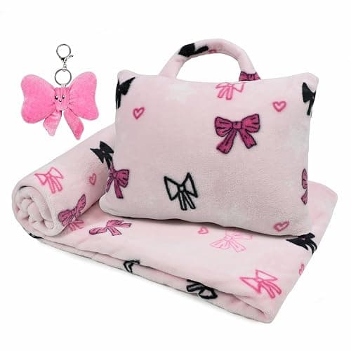 VigorSpring 3-in-1 Kids Travel Blanket and Pillow Set, 40x60 Inch Pink Bow Blanket for Girls,Compact Set with Bow Keychain, Ideal Birthday Travel Essential - Image 1