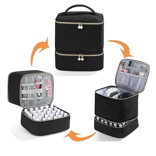 Corduroy Nail Polish Organizer and Nail Lamp Case, Nail Kit Organizer Holds 30 Bottles (15ml - 0.5 fl.oz) and a Nail Lamp, Nail Polish Carrying Case with Manicure Tools Storage Sections (Black) thumbnail 6
