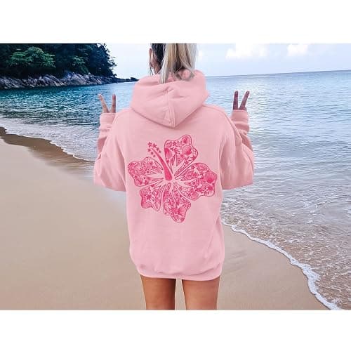 Lubpow Womens Cute Pink Flower Hoodie Aesthetic Preppy Hawaiian Hibiscus Sweatshirt Casual Puff Graphic Hoodies Pullover Tops thumbnail 6