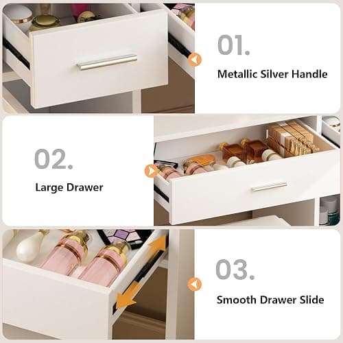ENDYOE Makeup Vanity Desk Set with LED Lights Mirror Chair, Vanity Table with 7 Storage Shelves and 3 Drawers,3 Lighting Modes Adjustable Brightness Dressing Table for Bedroom,White thumbnail 5