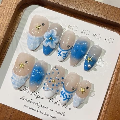 Blue Flower Press on Nails Medium Almond Handmade Fake Nails with Pearl Gold Starfish Gems Design 3D Ripple False Nails Full Cover Artificial Glue on Nails Summer Stick on Nail for Women DIY 10Pcs thumbnail 2