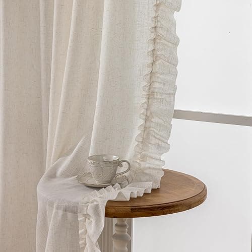 Farmhouse Curtains 84 Inches Long 2 Panels Natural Linen Textured Ruffle Curtains for Bedroom Living Room, Rod Pocket Privacy Flowy Drapes Semi-Sheer Cottage Scalloped Edge Curtain Set, W47xL84 Inch thumbnail 3