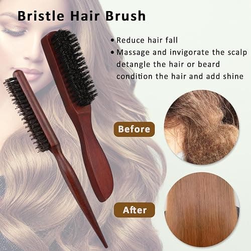 Bristle Hair Brush with Edges Brush, 5 Pack Slick Back Hair Brush Teasing Comb Set Hair Brush for Men Women, Boar Bristle Brush Smoothing Brush Sleek Hair Brush for Slicking Hair Beard thumbnail 2