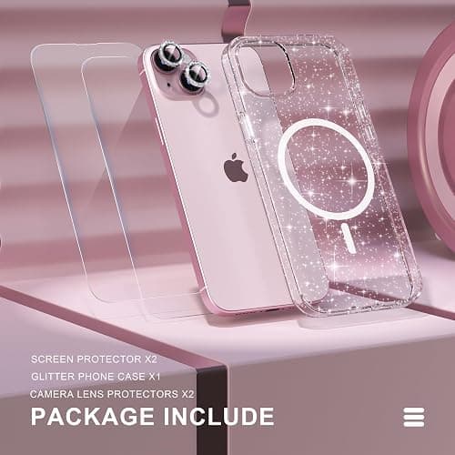 Choiche Compatible for iPhone 15 Case Magnetic, Women Clear Glitter Bling Sparkly Case, [2xDiamond Camera Lens Protectors] [2xTempered Glass Screen Protectors] [Compatible MagSafe] (Glitter Clear) thumbnail 8