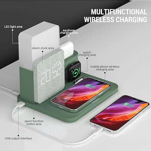 Wireless Charging Station, iPhone 3 in 1 Fast 15W Wireless Charger with Alarm Clock and Night Light, Charging Dock for iPhone 12/13/14/15/16 Pro/Pro Max, Samsung, AirPods - GREEN thumbnail 2