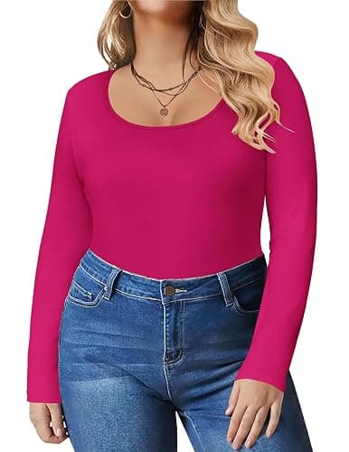 IN'VOLAND Women's Plus Size Long Sleeve Shirts Scoop Neck Slim Fitted T Shirt Stretchy Bodycon Basic Tee Tops - Image 1