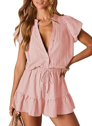 Fixmatti Summer Rompers for Women 2026 V Neck Short Sleeve Button Up Ruffle Jumpsuit Outfit with Pockets - Image 1