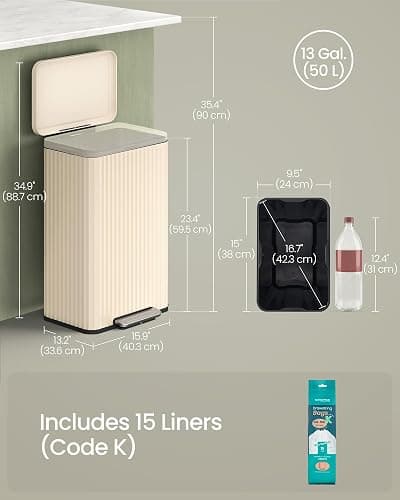 SONGMICS Trash Can, 13 Gallon (50 L) Garbage Can for Kitchen, with Lid, Pedal, and Removable Inner Bucket, Soft Close, Stainless Steel, 15 Trash Bags (Code K) Included, Cream White ULTB586LZ01 thumbnail 2