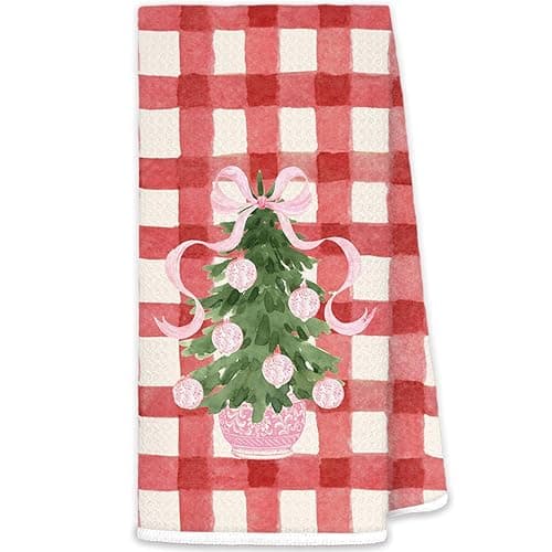 JINYO Red Buffalo Plaid Chinoiserie Christmas Kitchen Towels, Coquette Pink Bow Christmas Tree Decorative Hand Towels for Bathroom Kitchen, Grandmillennial Xmas Dish Tea Towel, 16x24 Inch - Image 1