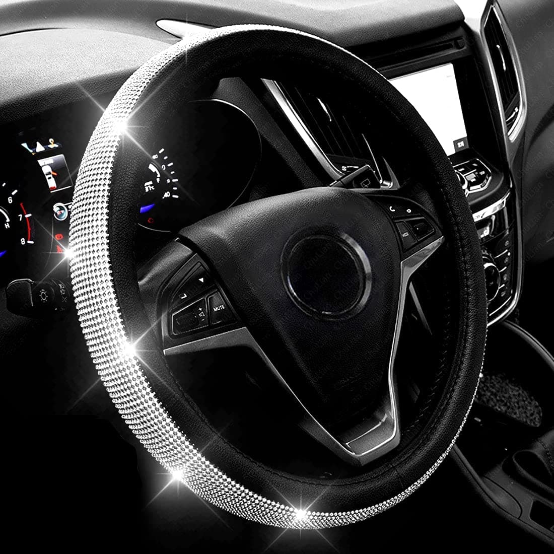New Diamond Leather Steering Wheel Cover with Bling Bling Crystal Rhinestones, Universal Fit 38 CM Car Wheel Protector for Women Girls - Image 1