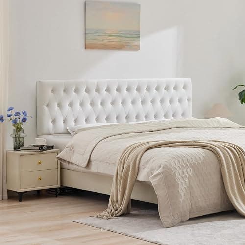Kingfun Tufted Upholstered Full Size Bed Headboard in Modern Button Design, Adjustable Solid Wood Head Board, Premium Velvet Fabric Padded Headboards in Bedroom (White) thumbnail 9