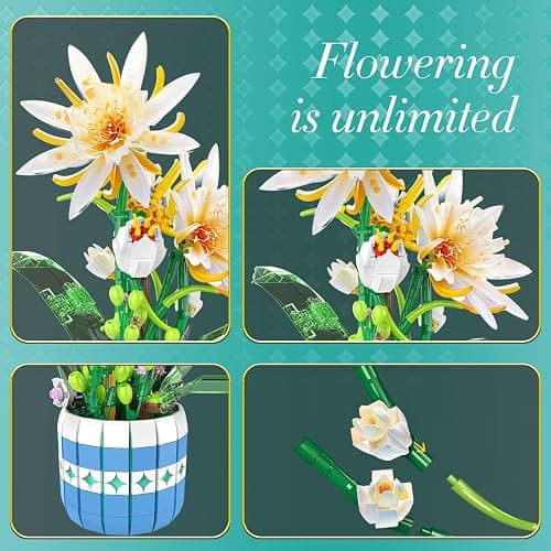 Epiphyllum Flowers Building Set, 835 Pieces Artificial Flowers Plants Building Kit fpr Adults, Botanical Collection, Creative Birthday, Valentine's Day, for Women Adults Kids thumbnail 5