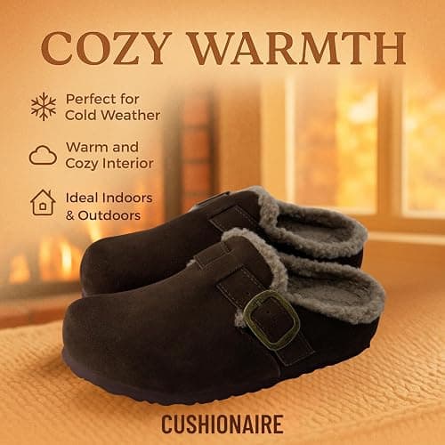 CUSHIONAIRE Haven Genuine Leather Clogs for Women – Faux Fur Lined Slip-On Womens Shoes with Cork Footbed and Adjustable Buckle thumbnail 5