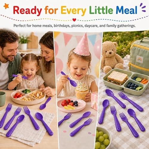 Muulaii 12 Pcs Kids Forks and Spoons, Plastic Kids Utensils Set, Purple | BPA free, Dishwasher Safe, PP Material, Brightly Colored, Easy to Grip, Sized for School Lunch Box, Fits from 2 Years Old thumbnail 8
