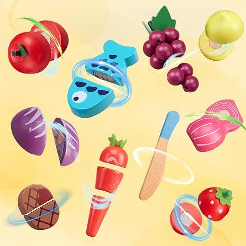 45 Pcs Wooden Pretend Play Food Set for Kids Kitchen - Realistic Cutting Fruits & Veggies with Easy-Cleanup Storage Bucket, Montessori Learning Toy Gift for Toddlers Ages 3-6 thumbnail 7