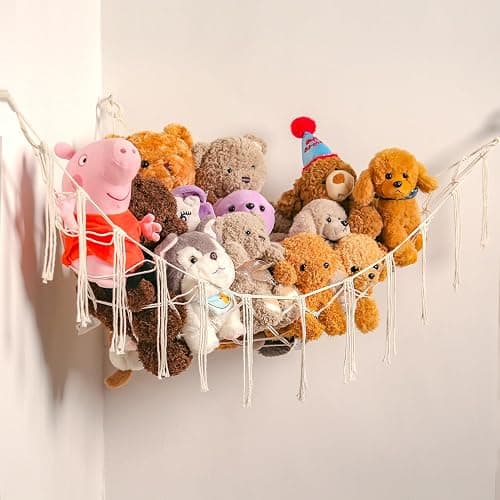 YKBU Stuffed Animals Hammock Corner Hanging Net Macrame Stuffed Animal Storage Plush Toy Holder Toy Organizer for Boho Nursery Playroom Bedroom Kids Room (cream, Large) - Image 1