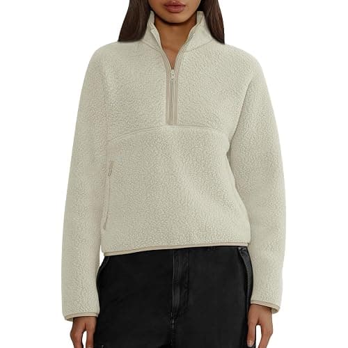 Zip Up Hoodie Women Fuzzy Fleece Womens Half Zip Pullover Soft Warm Cropped Sweatshirt Y2k Fall Winter Sweaters Beige M - Image 1