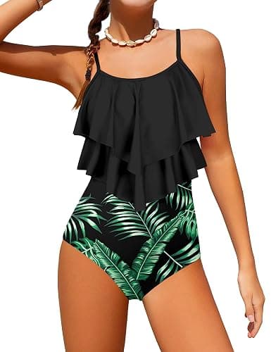 Tomolant Girls Swimsuit Color Block One Piece Swimsuit 2-Tiered Ruffle Bathing Suit Adjustable Strap Girls' Swimwear 7-16Y - Image 1