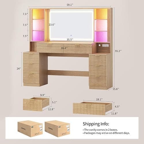 HAUOMS Big Vanity Desk, Fluted Makeup Vanity with Mirror Lights, Dressing Table (Oak, 59.1" Width) thumbnail 2