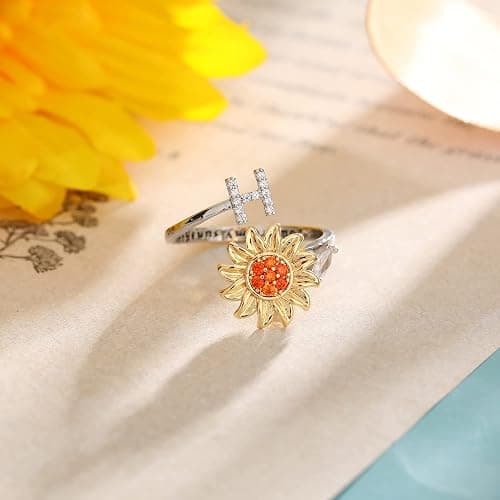 Fidget Rings for Anxiety for Women Sunflower Initial Letter Spinner Open Adjustable Ring CZ Daisy Stress Relieving Rings Jewelry Gift for Women Valentine's Day You are My Sunshine Ring thumbnail 6