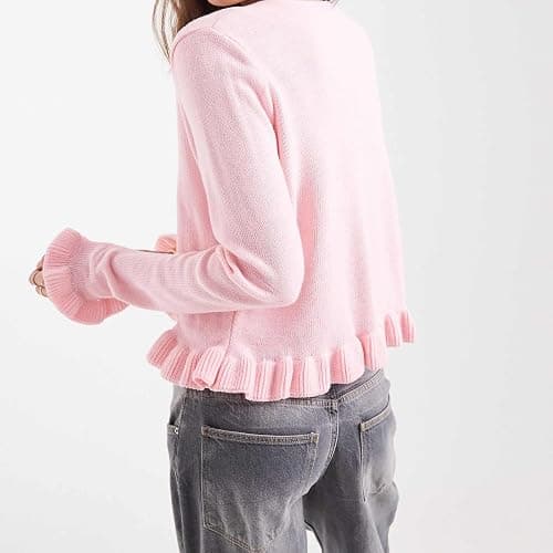 Women Cute Button Up Cardigan Y2K Ruffle Sweater Fall Crew Neck Long Sleeve Cropped Knit Tops Outerwear thumbnail 2