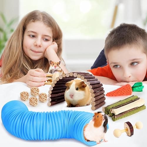 Kyouki Hamster Toys Guinea Pig Toys Set with Tunnel, Chewable Apple Wood & Natural Timothy Hay - Enrichment Chew Toys for Small Animals - 24+ Cage Accessories for Teeth Care & Boredom Relief (Blue) thumbnail 7