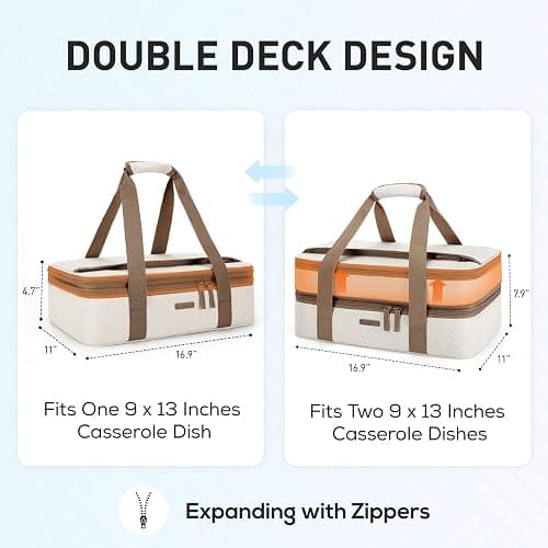 TOURIT Double Decker Insulated Casserole Carrier for Hot or Cold Food Expandable Thermal Food Carrier for Picnic Cookouts Potluck Parties Fits 9" x 13" Baking Dish thumbnail 2