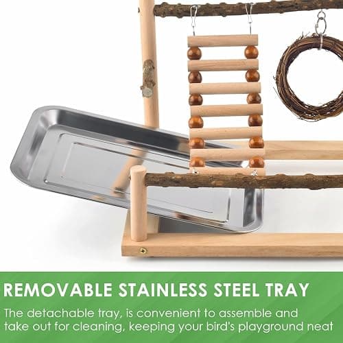KATUMO Bird Playground - Natural Wooden Perches Parakeet Ladder Conure Swing Bird Cage Accessories with Removable Tray & 2 Stainless Steel Cups thumbnail 3