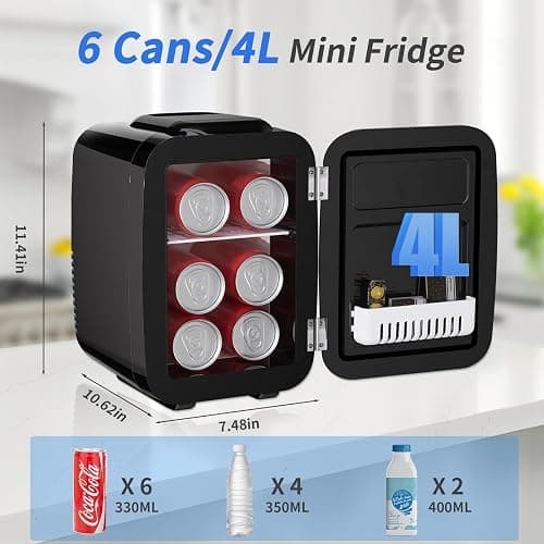 YASHE Mini Fridge, 4 Liter/6 Cans Small Refrigerator for Skincare, 110V AC/ 12V DC Thermoelectric Cooler and Warmer for Bedroom, Office, Dorm, Car, Black thumbnail 2