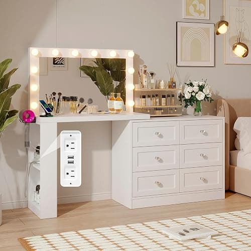 VOWNER Vanity Desk and Dresser Combo, Extendable Makeup Vainty with with Lighted Mirror & Power Outlet, Wood Corner Vanity with 6 Drawer Dresser, Makeup Table for Women, Bedroom Dressing Table(White) thumbnail 8